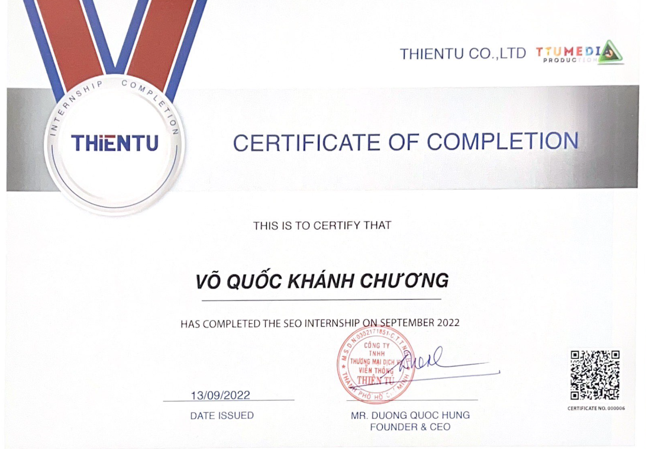 Read more about the article Võ Quốc Khánh Chương Internship Completion Certificate 000006