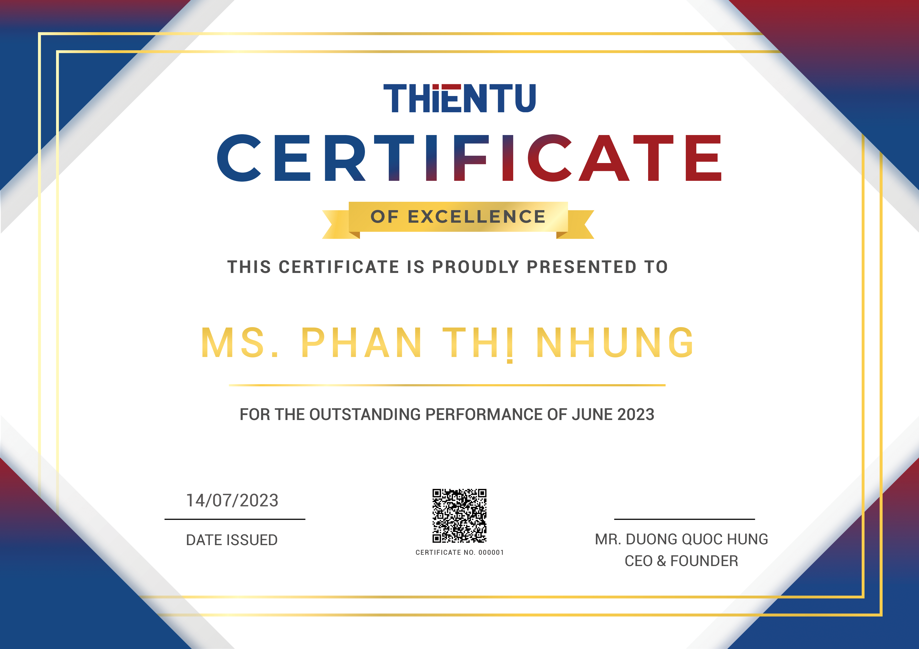 Read more about the article Ms. PHAN THỊ NHUNG certificate of excellence June 2023 – 000001
